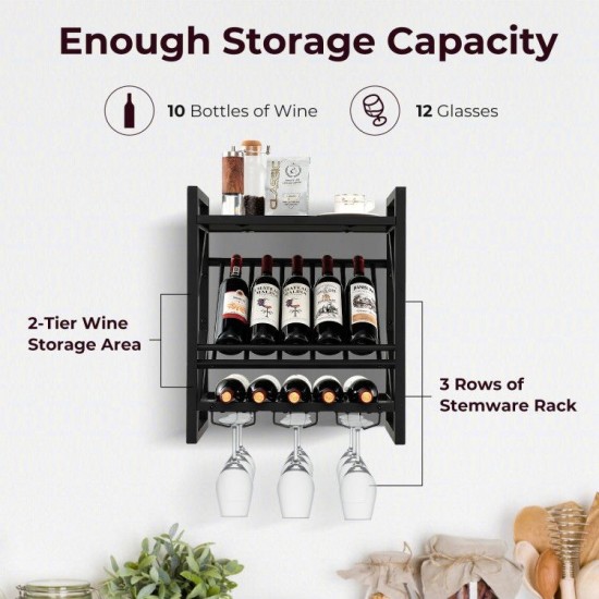 Honhorrs Wall-Mounted 10-Bottle Wine Rack with 2 Storage Tiers and 3 Rows of Stemware Holders