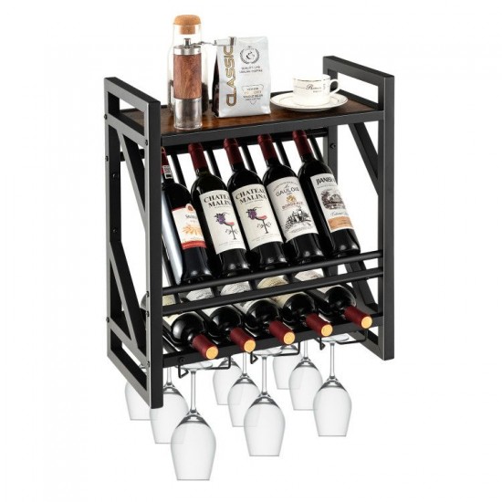 Honhorrs Wall-Mounted 10-Bottle Wine Rack with 2 Storage Tiers and 3 Rows of Stemware Holders