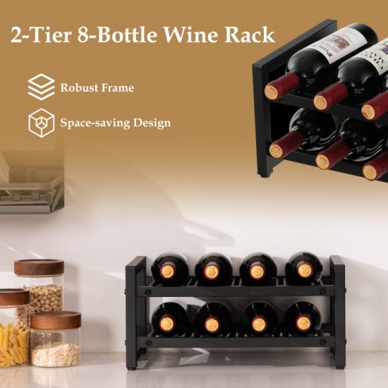 Honhorrs 8-Bottle Two-Tier Metal Wine Rack with Open Display Compartments and Adjustable Feet
