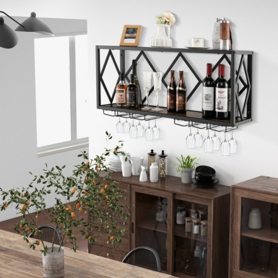 Honhorrs Wall-Mounted Wine Rack for 39 Bottles and 12 Glasses with 6 Rows of Stemware Storage