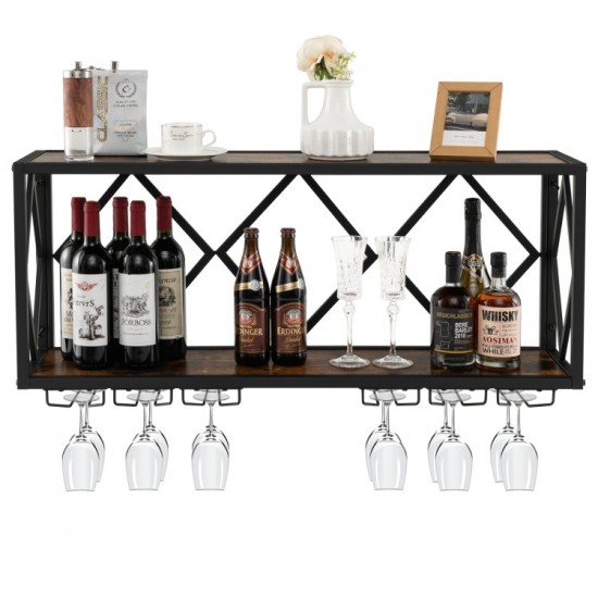 Honhorrs Wall-Mounted Wine Rack for 39 Bottles and 12 Glasses with 6 Rows of Stemware Storage