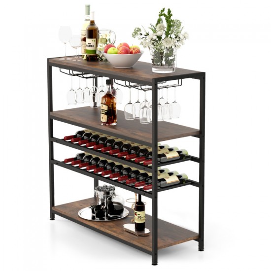 Honhorrs Five-Level Wine Rack Table, Four Stemware Holders with Open Shelves and Adjustable Feet