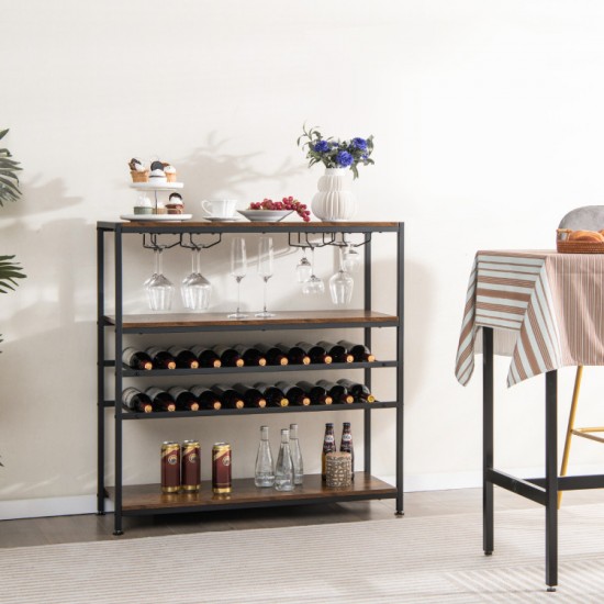 Honhorrs Five-Level Wine Rack Table, Four Stemware Holders with Open Shelves and Adjustable Feet