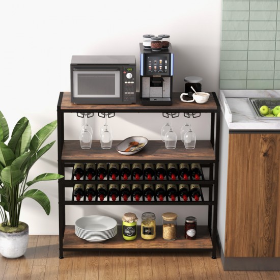Honhorrs Five-Level Wine Rack Table, Four Stemware Holders with Open Shelves and Adjustable Feet