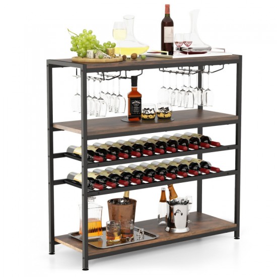 Honhorrs Five-Level Wine Rack Table, Four Stemware Holders with Open Shelves and Adjustable Feet