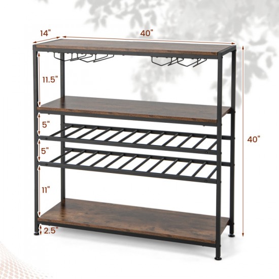 Honhorrs Five-Level Wine Rack Table, Four Stemware Holders with Open Shelves and Adjustable Feet