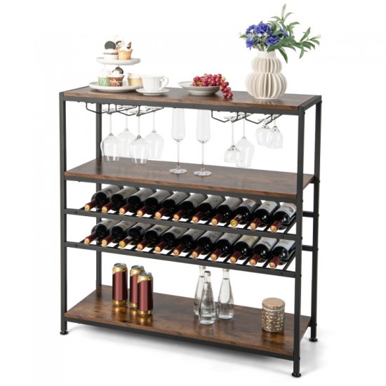 Honhorrs Five-Level Wine Rack Table, Four Stemware Holders with Open Shelves and Adjustable Feet