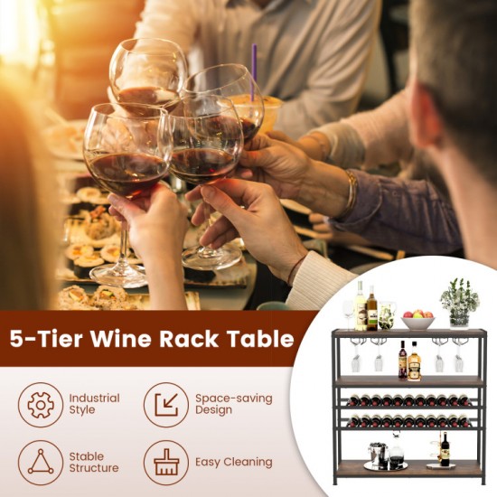 Honhorrs Five-Level Wine Rack Table, Four Stemware Holders with Open Shelves and Adjustable Feet
