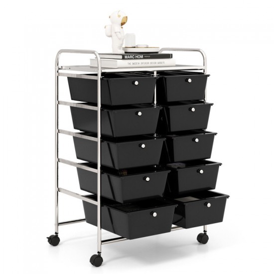 Honhorrs 10-Drawer Rolling Storage Cart with Mesh Top Platform, Metal Frame and Lockable Wheels