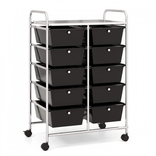 Honhorrs 10-Drawer Rolling Storage Cart with Mesh Top Platform, Metal Frame and Lockable Wheels