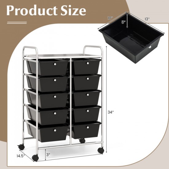 Honhorrs 10-Drawer Rolling Storage Cart with Mesh Top Platform, Metal Frame and Lockable Wheels