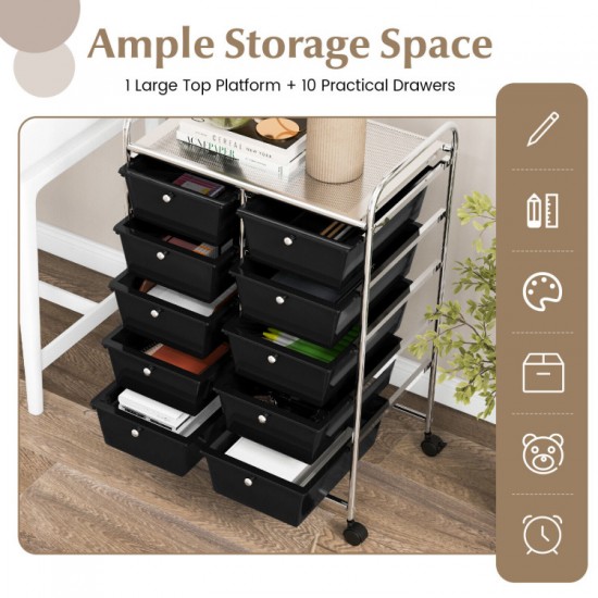 Honhorrs 10-Drawer Rolling Storage Cart with Mesh Top Platform, Metal Frame and Lockable Wheels