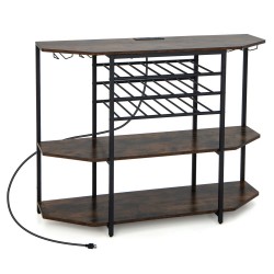 XVX Wine Bar Rack for 21 Bottles and Eight Glasses, Three Shelves with Built-In USB Charging