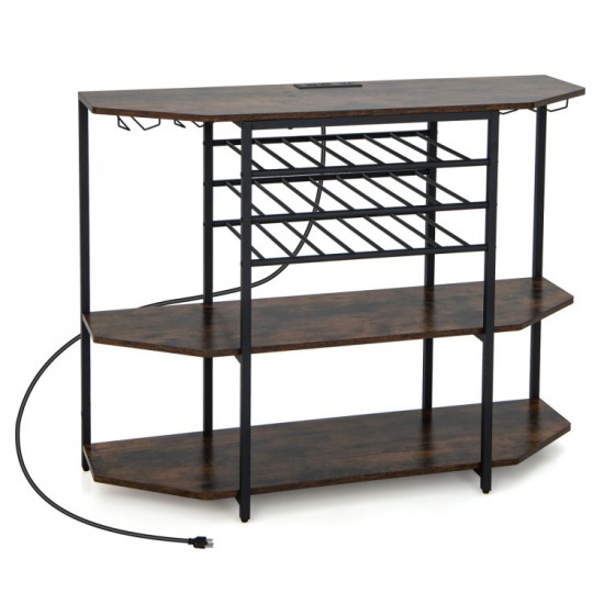 Honhorrs Wine Bar Rack for 21 Bottles and Eight Glasses, Three Shelves with Built-In USB Charging