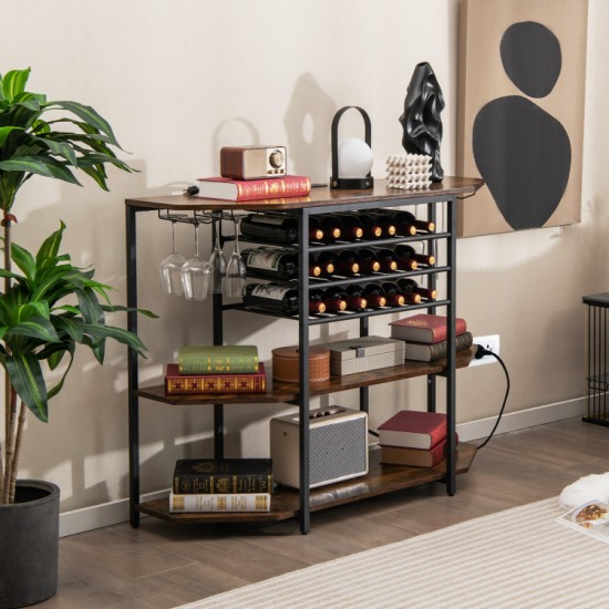 Honhorrs Wine Bar Rack for 21 Bottles and Eight Glasses, Three Shelves with Built-In USB Charging