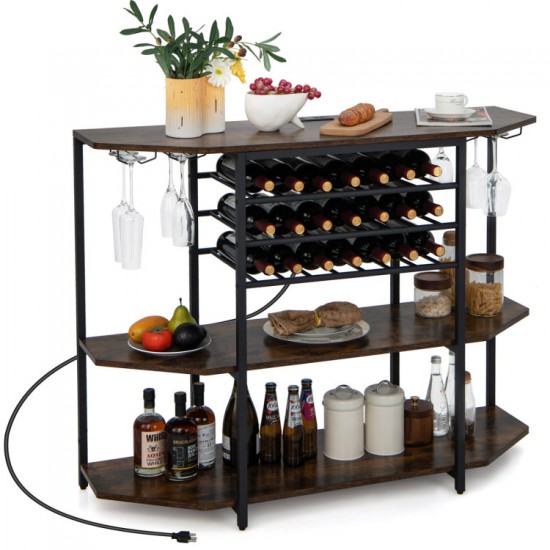 Honhorrs Wine Bar Rack for 21 Bottles and Eight Glasses, Three Shelves with Built-In USB Charging