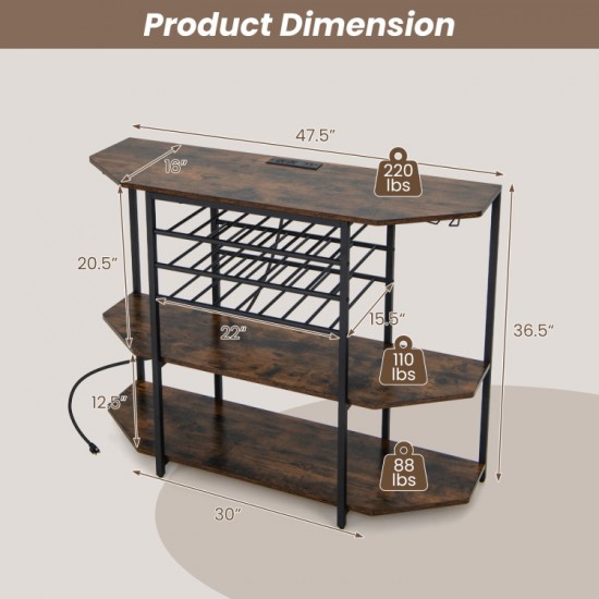 Honhorrs Wine Bar Rack for 21 Bottles and Eight Glasses, Three Shelves with Built-In USB Charging