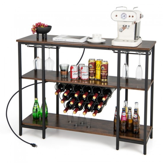 Honhorrs Industrial Wine Bar Cabinet, Fifteen-Bottle Rack with Stemware Storage and USB Charging