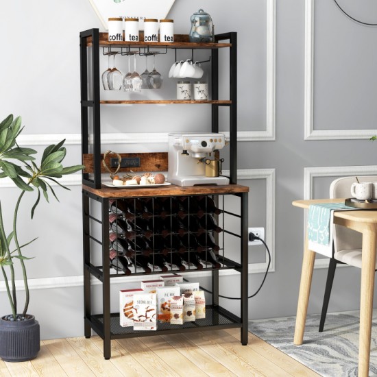 Honhorrs Wine Bar Rack, Twenty-Four Bottle Positions and Nine Glass Holders with AC and USB Charging