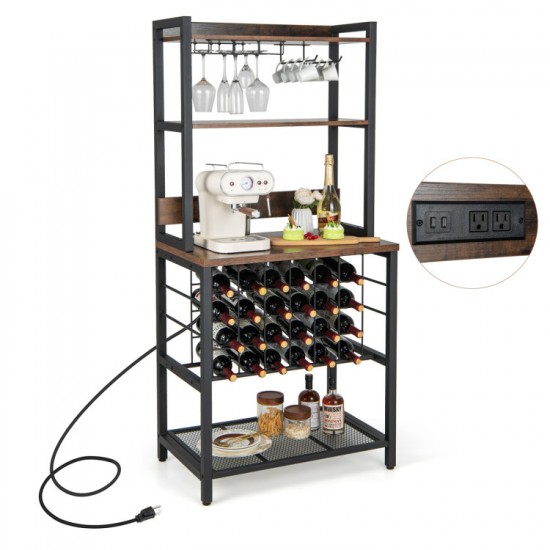 Honhorrs Wine Bar Rack, Twenty-Four Bottle Positions and Nine Glass Holders with AC and USB Charging