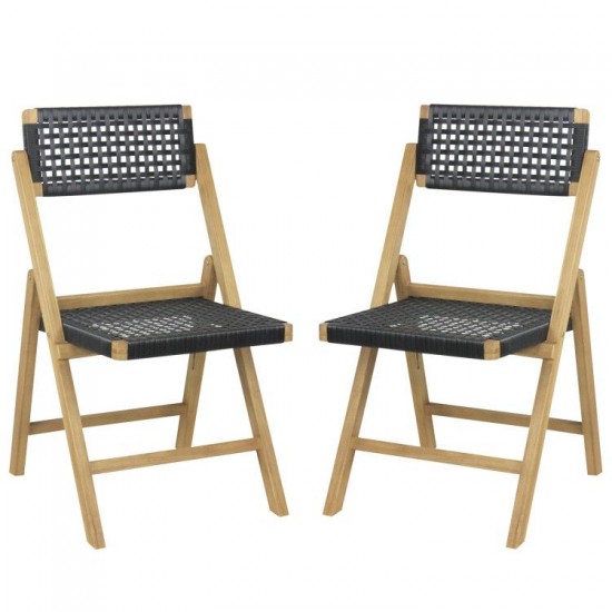 Owlyin Pair of Folding Teak Dining Chairs, Woven Rope Seats and Backrests with Triangular Supports