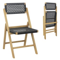 XVX Pair of Folding Teak Dining Chairs, Woven Rope Seats and Backrests with Triangular Supports