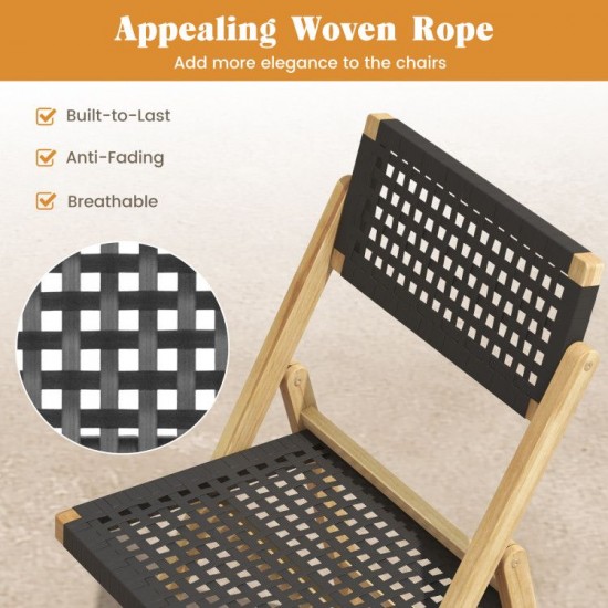 Owlyin Pair of Folding Teak Dining Chairs, Woven Rope Seats and Backrests with Triangular Supports