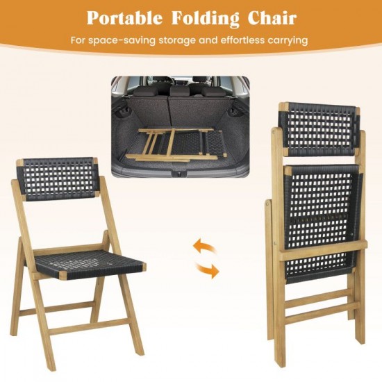 Owlyin Pair of Folding Teak Dining Chairs, Woven Rope Seats and Backrests with Triangular Supports