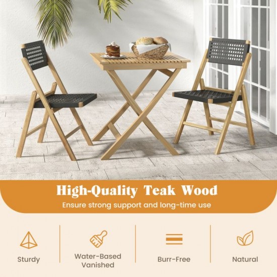 Owlyin Pair of Folding Teak Dining Chairs, Woven Rope Seats and Backrests with Triangular Supports