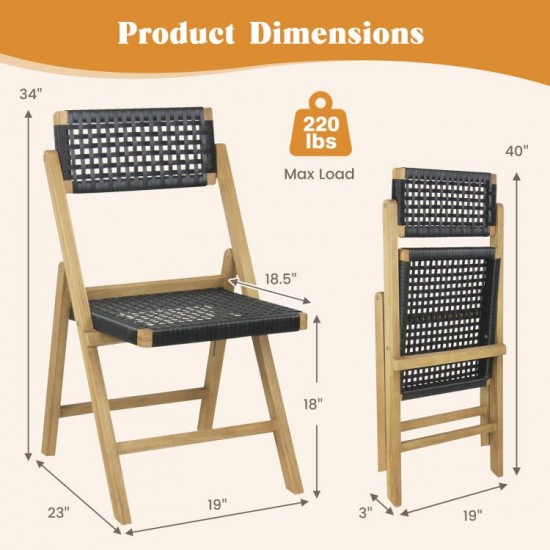 Owlyin Pair of Folding Teak Dining Chairs, Woven Rope Seats and Backrests with Triangular Supports