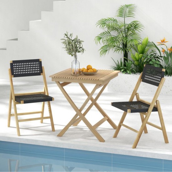 Owlyin Pair of Folding Teak Dining Chairs, Woven Rope Seats and Backrests with Triangular Supports