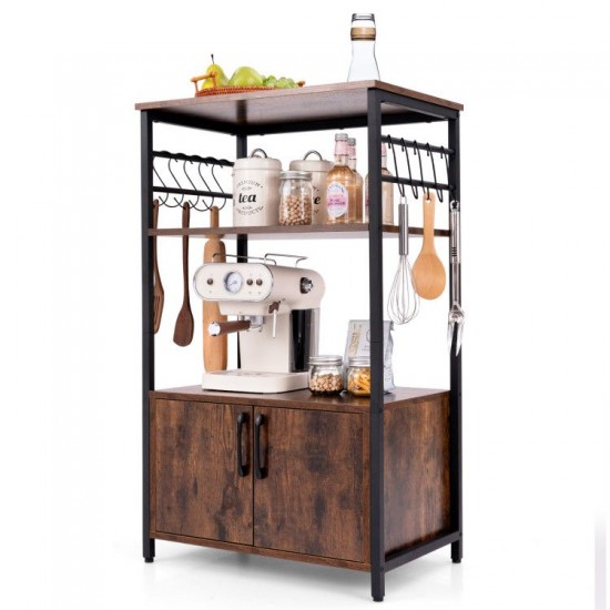 Honhorrs 3-Tier Kitchen Baker's Rack with 2 Open Shelves, Storage Cabinet and 10 S-Shaped Hooks