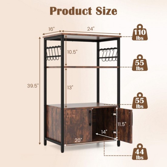 Honhorrs 3-Tier Kitchen Baker's Rack with 2 Open Shelves, Storage Cabinet and 10 S-Shaped Hooks