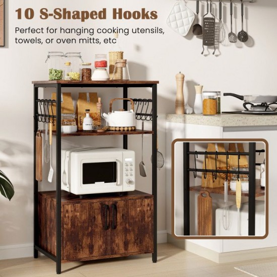Honhorrs 3-Tier Kitchen Baker's Rack with 2 Open Shelves, Storage Cabinet and 10 S-Shaped Hooks