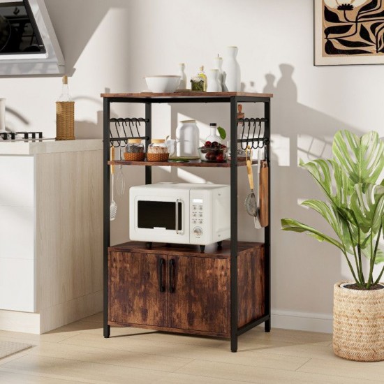 Honhorrs 3-Tier Kitchen Baker's Rack with 2 Open Shelves, Storage Cabinet and 10 S-Shaped Hooks