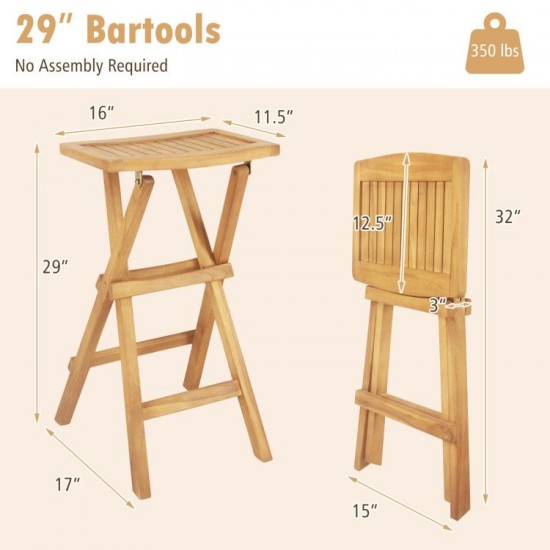 Honhorrs Pair of Folding Teak Patio Bar Stools, Saddle Seats with Footrests and Preassembled Frames