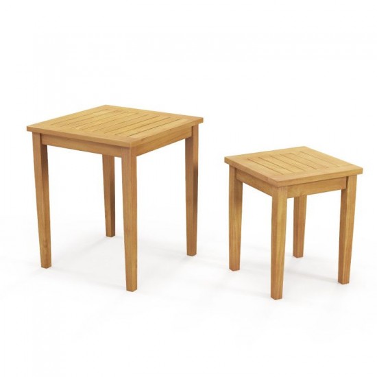 Honhorrs Two Teak Patio Nesting Tables, Wooden Tops with Tuck-Together Storage and 110-Lb Capacity