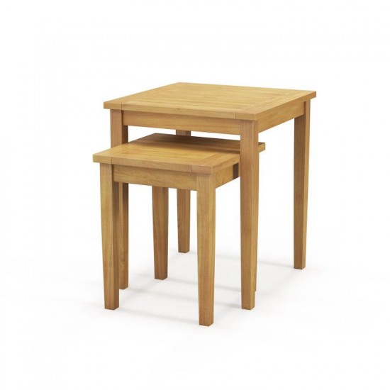 Honhorrs Two Teak Patio Nesting Tables, Wooden Tops with Tuck-Together Storage and 110-Lb Capacity