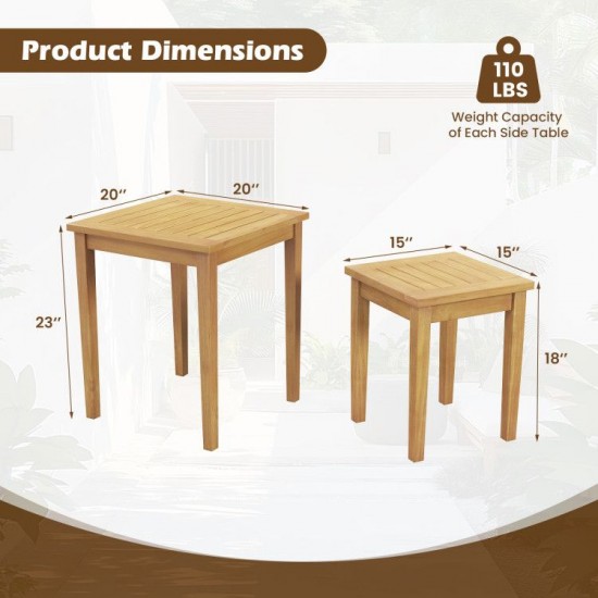 Honhorrs Two Teak Patio Nesting Tables, Wooden Tops with Tuck-Together Storage and 110-Lb Capacity