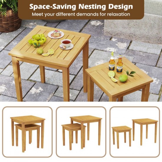 Honhorrs Two Teak Patio Nesting Tables, Wooden Tops with Tuck-Together Storage and 110-Lb Capacity