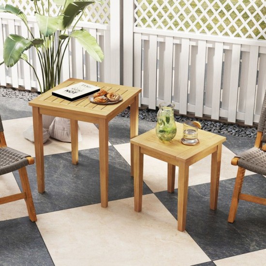 Honhorrs Two Teak Patio Nesting Tables, Wooden Tops with Tuck-Together Storage and 110-Lb Capacity