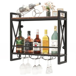 XVX Wall-Mounted Wine Organizer, Two Shelves and Stemware Rails with Reinforced Metal X-Bracing