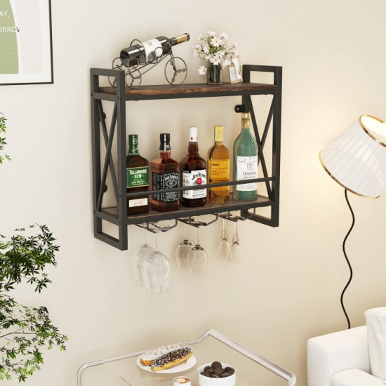 Honhorrs Wall-Mounted Wine Organizer, Two Shelves and Stemware Rails with Reinforced Metal X-Bracing