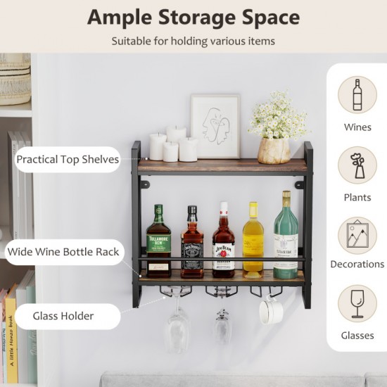 Honhorrs Wall-Mounted Wine Organizer, Two Shelves and Stemware Rails with Reinforced Metal X-Bracing