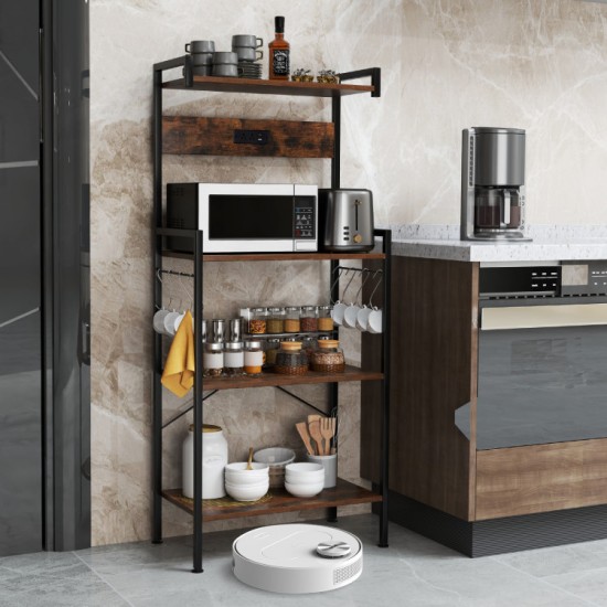 Honhorrs Four-Tier Powered Baker's Rack, Eight S-Hooks with AC Outlets, USB-C Port and Shelf Rails