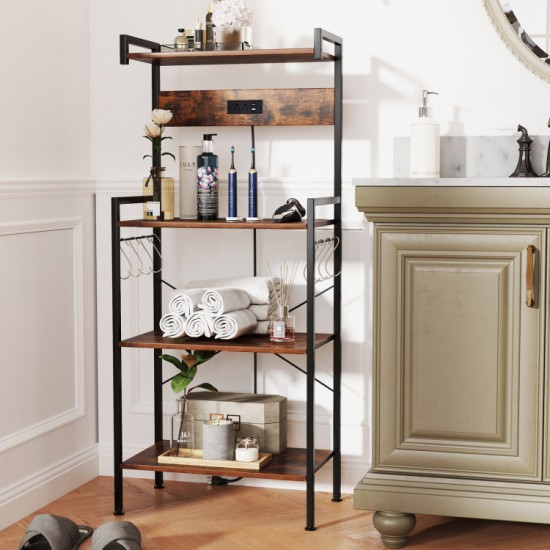 Honhorrs Four-Tier Powered Baker's Rack, Eight S-Hooks with AC Outlets, USB-C Port and Shelf Rails