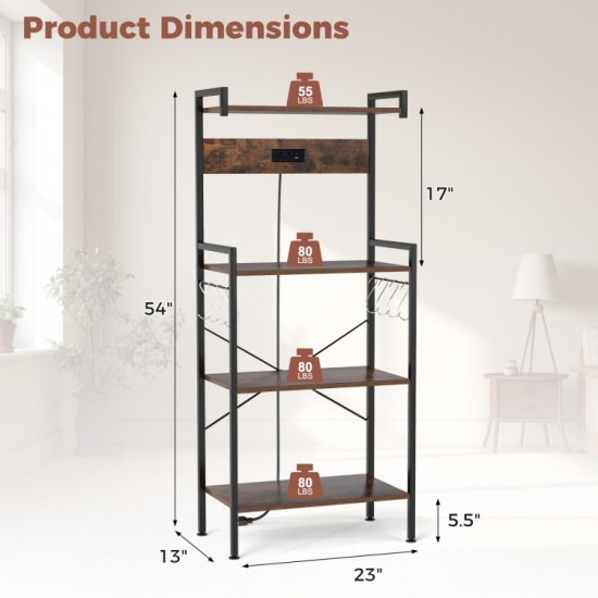 Honhorrs Four-Tier Powered Baker's Rack, Eight S-Hooks with AC Outlets, USB-C Port and Shelf Rails