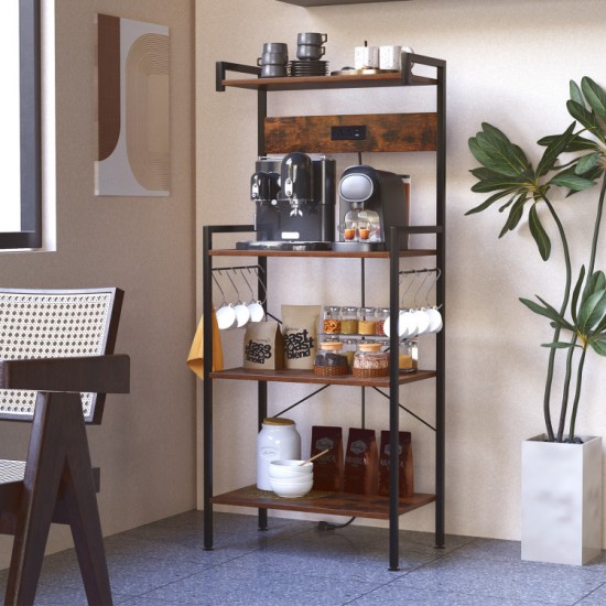 Honhorrs Four-Tier Powered Baker's Rack, Eight S-Hooks with AC Outlets, USB-C Port and Shelf Rails