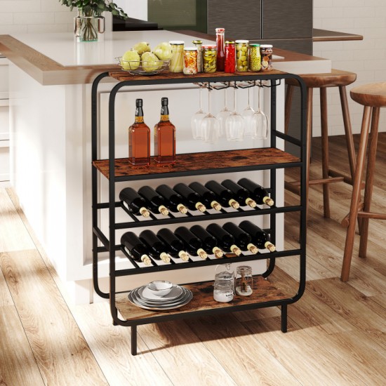 Honhorrs Sixteen-Bottle Wine Rack, Three Shelves and Three-Row Stemware Storage on Adjustable Feet