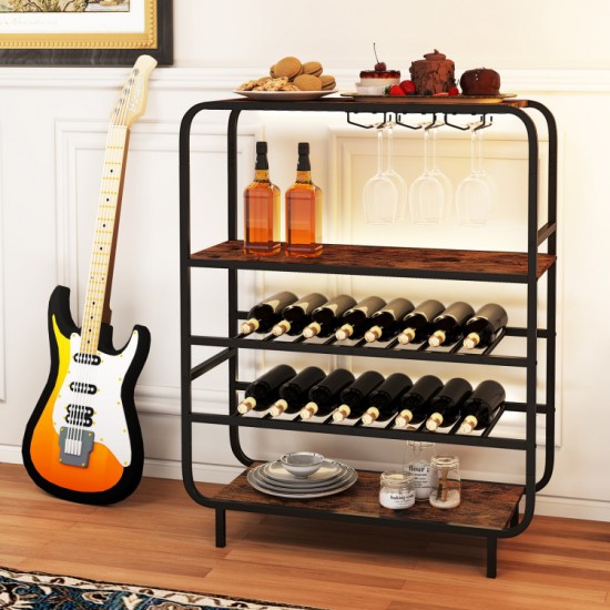 Honhorrs Sixteen-Bottle Wine Rack, Three Shelves and Three-Row Stemware Storage on Adjustable Feet